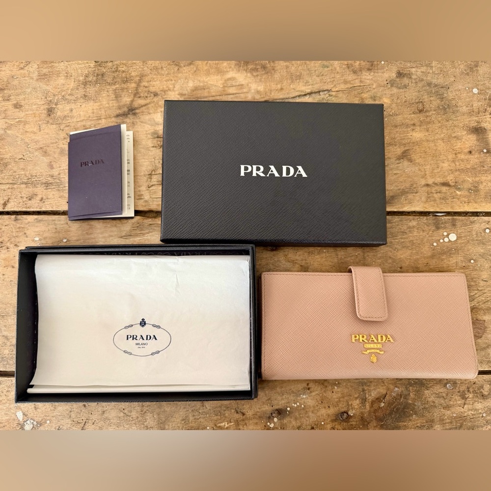 Prada Large Saffiano Leather Wallet in Tan / Powdered Pink - Picture 2 of 12